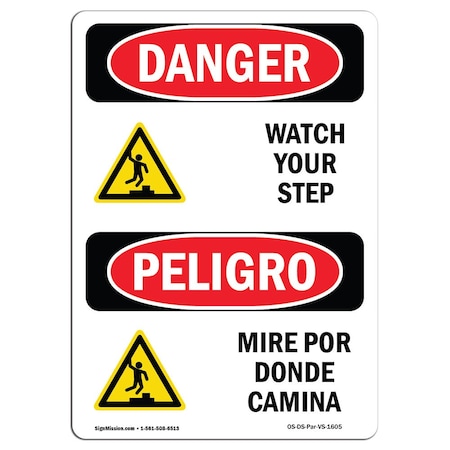 OSHA Danger, Watch Your Step W/ Symbol Bilingual, 24in X 18in Decal